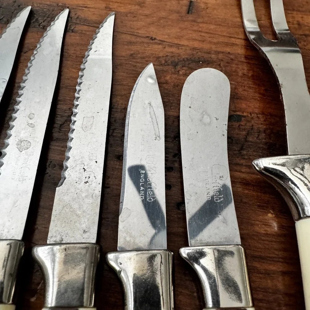 MCM Vintage 10 Regent Sheffield Kitchen Knives & One fork‎ Ivory Brown Leaf